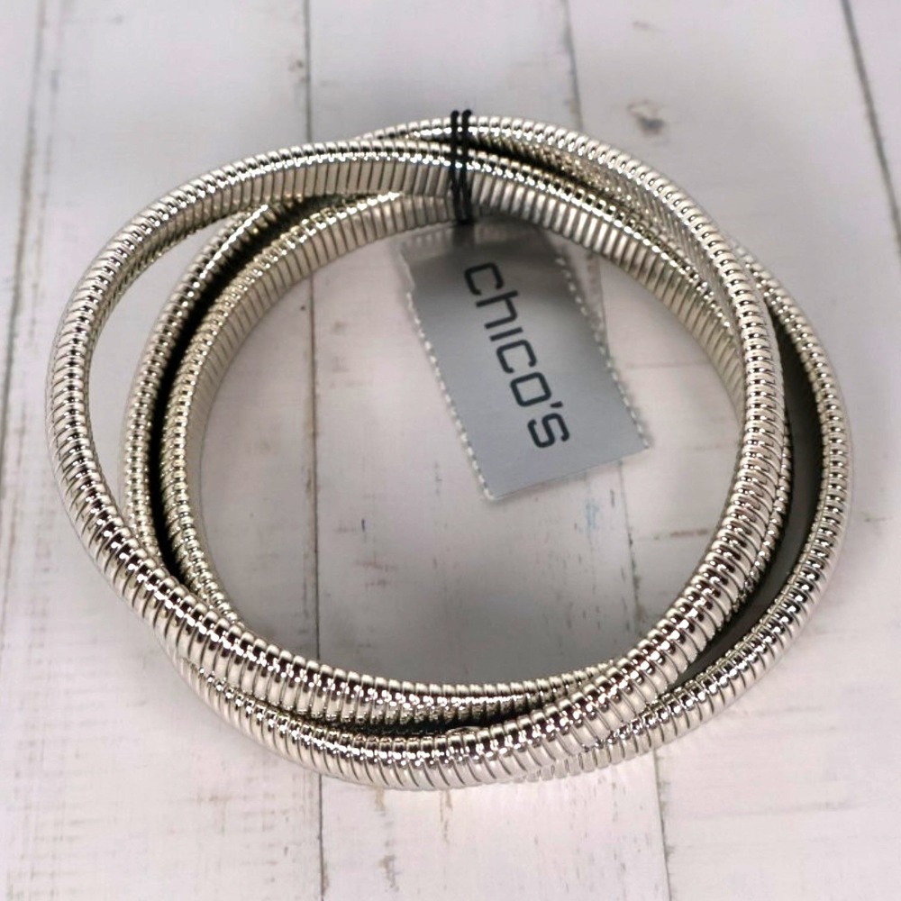 Chicos NWT Kaily Silver Cobra Snake Chain Stackable Bangle Bracelet Set of 3